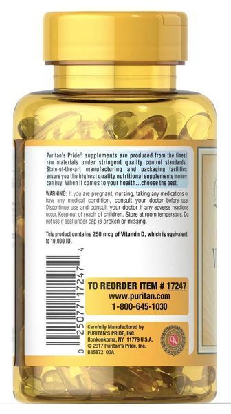 Puritan's Pride Vitamin D3 10000 IU 200 softgels 163152 Proteininlviv