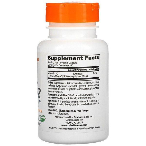 Doctor's Best Natural Vitamin K2 MK-7 with MenaQ7 100 mcg 60 VCaps 116034 Proteininlviv