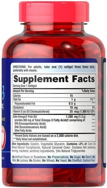 Puritan's Pride Omega 3 Fish Oil 1200 mg plus Vitamin D3 1000 IU 90 Softgels 163156 Proteininlviv
