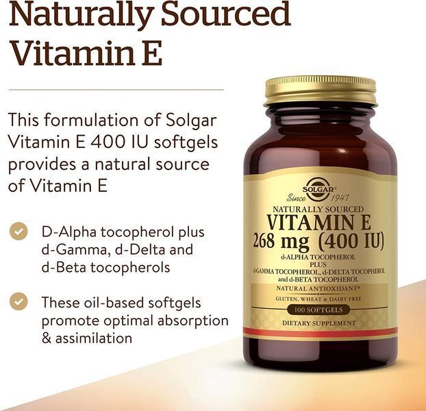 Solgar Natural Vitamin E 400 IU d-Alpha Tocopherol & Mixed Tocopherols 100 Softgels 169047 Proteininlviv
