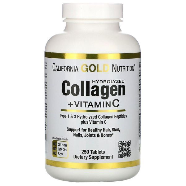 California Gold Nutrition Hydrolyzed Collagen Peptides + Vitamin C, Type 1 & 3, 250 Tabs 114012 Proteininlviv