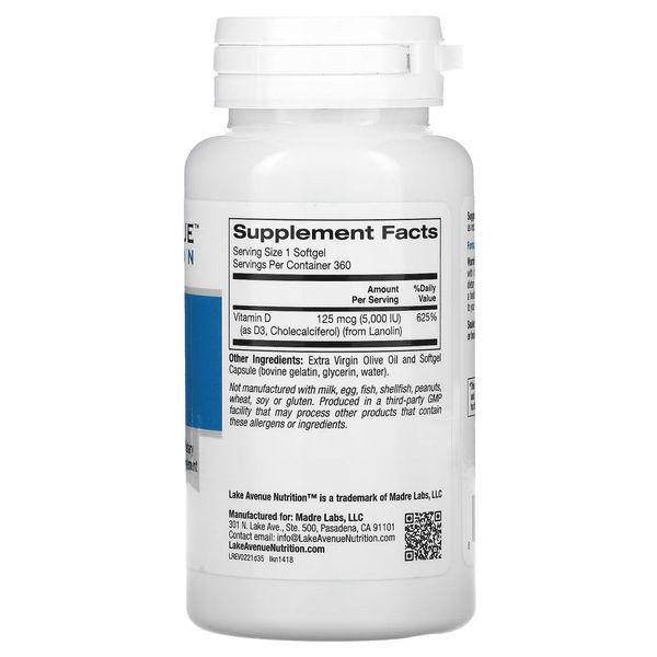 Lake Avenue Nutrition Витамин D3 5000 IU 360 капсул 197001 Proteininlviv