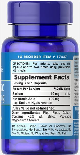 Гіалуронова кислота Puritan's Pride Hyaluronic Acid 100 mg 30 caps 163084 Proteininlviv