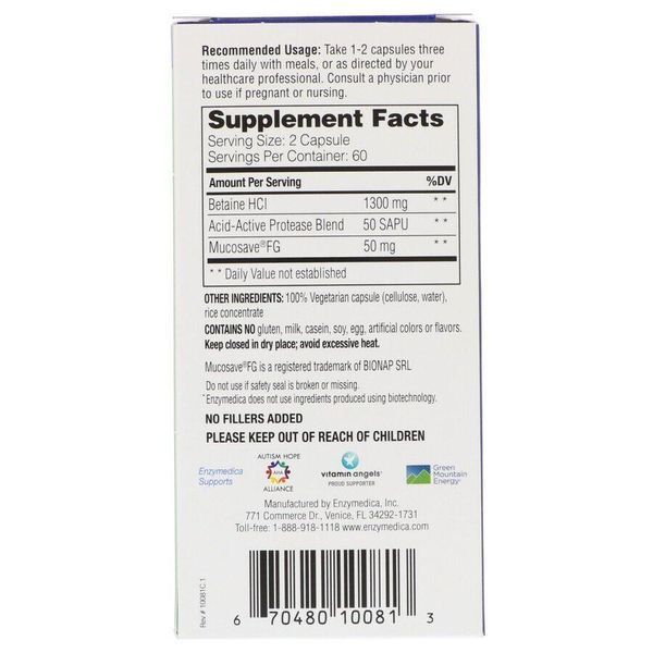 Бетаина гидрохлорид Enzymedica Betaine HCI 600 mg 120 caps 198007 Proteininlviv