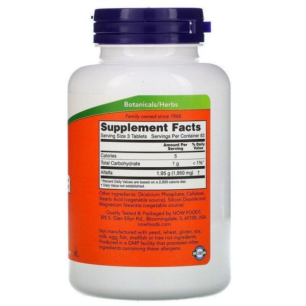 Пищевая добавка NOW Foods Alfalfa 650 mg 250 Tabs (Люцерна) 148263 Proteininlviv