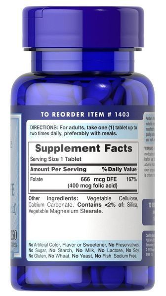 Puritan's Pride Folic Acid 400 mcg (Folate 666 mcg DFE) 250 tabs 163149 Proteininlviv