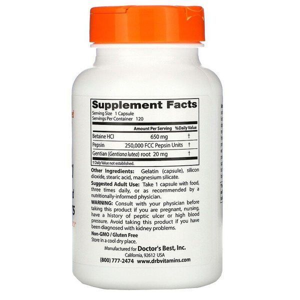 Doctor's Best Betaine HCL Pepsin & Gentian Bitters 120 Caps 116032 Proteininlviv