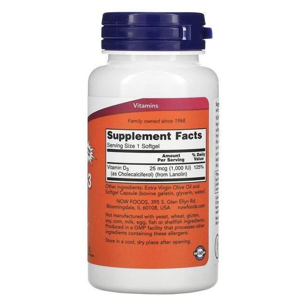 Vitamin D-3 1,000 IU NOW Foods 360 Softgels 148200 Proteininlviv
