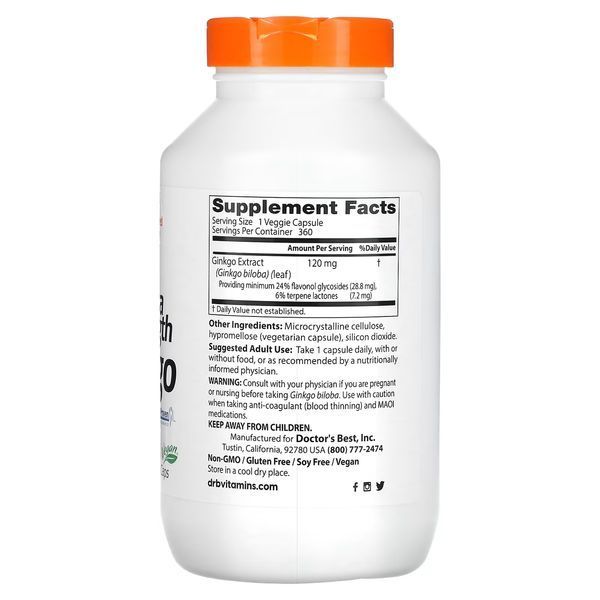 Extra Strength Ginkgo 120 mg Doctor's Best 360 Veggie Caps 116055 Proteininlviv