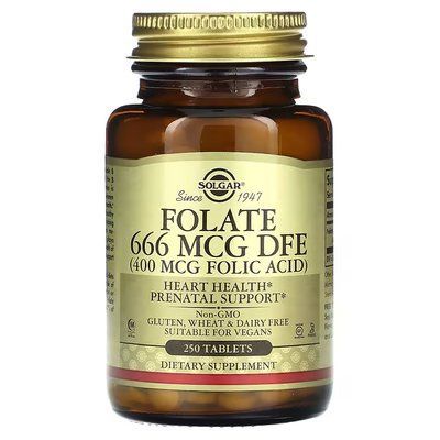 Фолієва кислота Solgar, Folate 666 mcg DFE (400 mcg) 250 tabs 169106 Proteininlviv