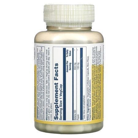 Витамины для желудка Solaray, High Potency Betaine HCL with Pepsin 650 mg 100 Veg Caps 143004 Proteininlviv