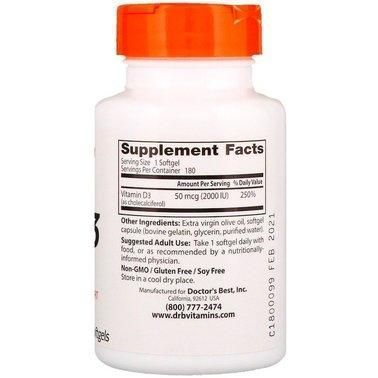Doctor's Best Vitamin D3 50 mcg (2000 IU) 180 Softgels 116029 Proteininlviv