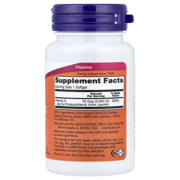 Витамин NOW Foods Vitamin D-3 High Potency 2,000 IU 120 Softgels 148104 Proteininlviv